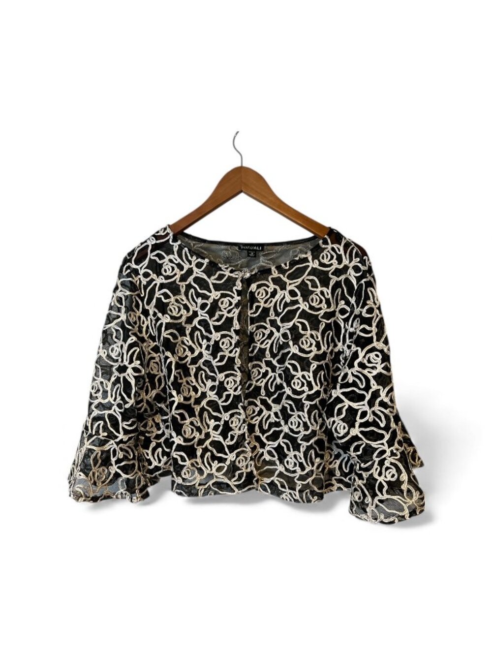 Crop Bolero Jacket Size 18 Lace Shrug Roz & Ali Bell Sleeves Black White Dressy